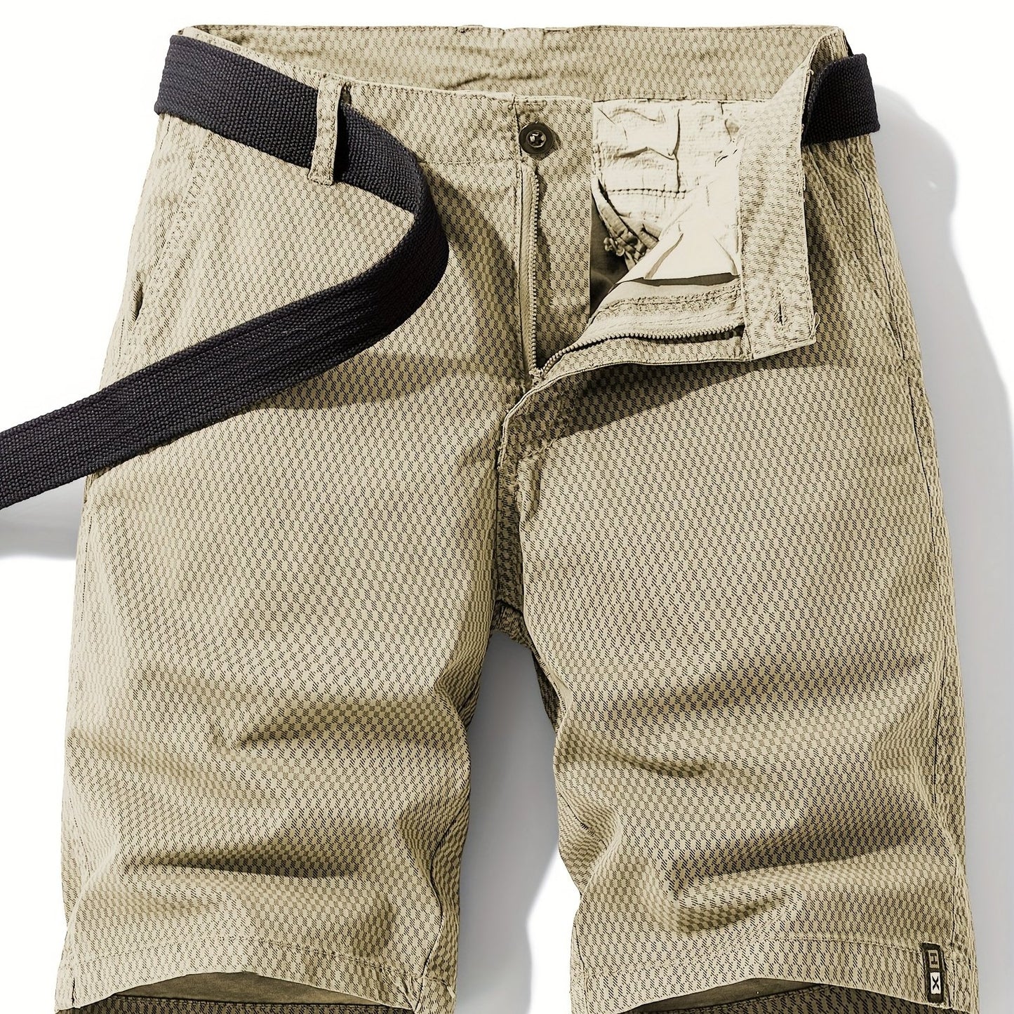 Men'S Casual Cargo Shorts with Striped Design, Elastic Waistband & Multiple Pockets - Beige/Black Regular Fit for Outdoor, Sports & Casual Attire (Belt Not Included), Outdoor Apparel, Functional Pockets, Nonelastic Fabric