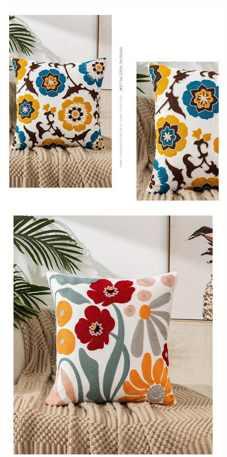 1pc Boho Floral Embroidered Pillow Case - Soft and Stylish Living Room Decor for Couch, Bed, and Sofa - 17.7 x 17.7 Inches