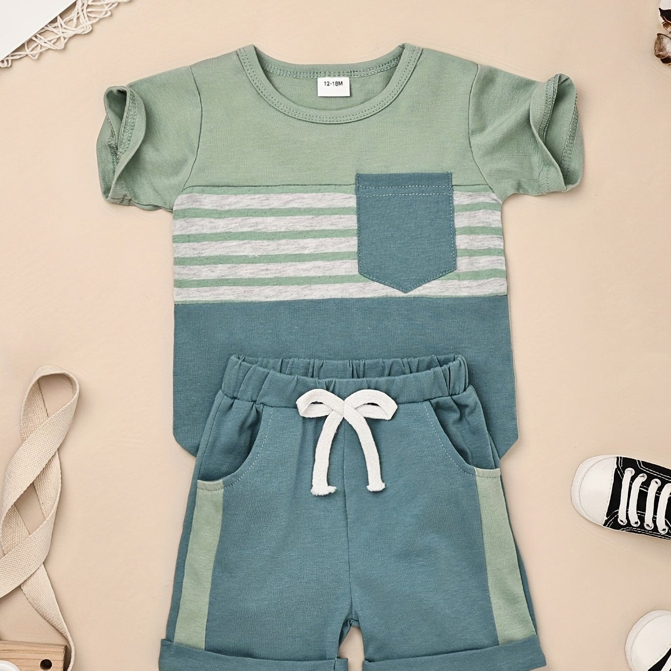 2pcs Baby Boys Summer Outfit Set - Cotton & Polyester Crew Neck T-Shirt with Stripes & Patch Detail, Short Sleeve, Drop Shoulder, Knit Fabric, with Matching Shorts with Belt & Fake Drawstring - Regular Fit, for Outdoor