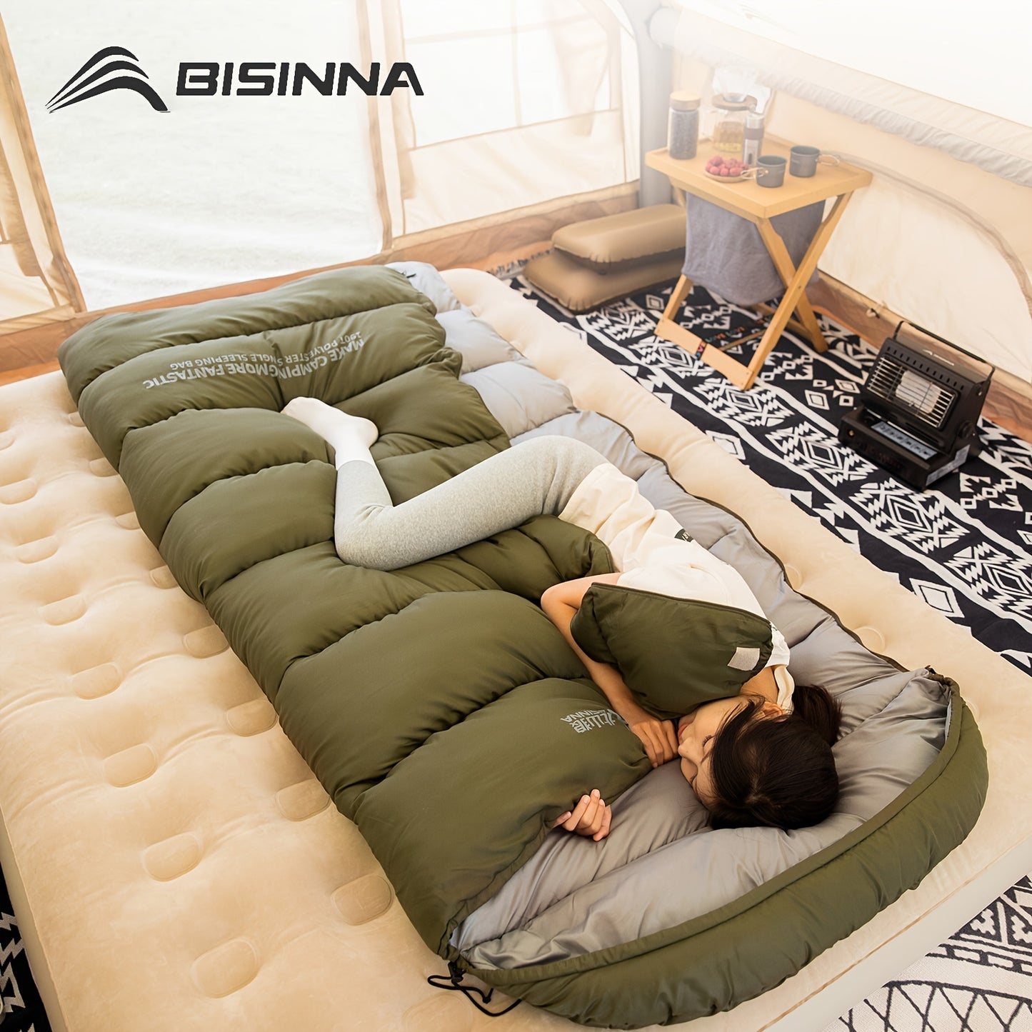 1-Person BISINNA Envelope-Style Sleeping Bag with Full-Zip Closure - Heavy-Duty Synthetic, Olive Green/Beige/Grey/White - Winter Warmth for Camping, Hiking & Backpacking - Portable Half-Zip Design Sleeping Pad Compatible Bag,