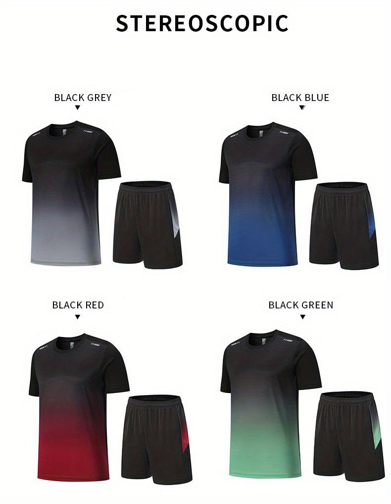 2-piece Men's Summer Basketball Training Running Outfit Set, Gradient Short Sleeve T-shirt & Quick-drying Shorts Set
