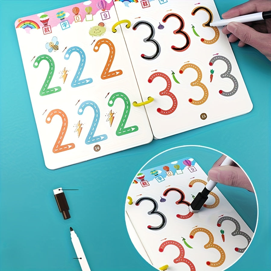 128-Page Reusable Magic Writing Practice Workbook Set - Full Brain Development & Writing Skills for, to Grade 1 Curriculum with Eraser & Answer Key-like Pages, Interactive Learning for Chinese/English Phonics, Math & ABCs (Gi