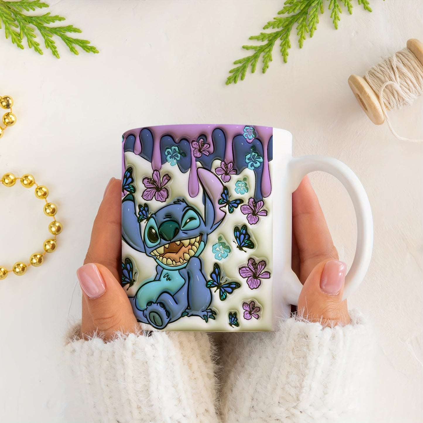 1pc, 11oz Printed Blue Sticky Notes Pattern Ceramic Mug, Portable Wide Mouth Coffee Cup, Water Cup, Suitable Gift For Family Friends, Summer Essential, Back To School Supplies, Apartment Essentials, College Dorm Essentials