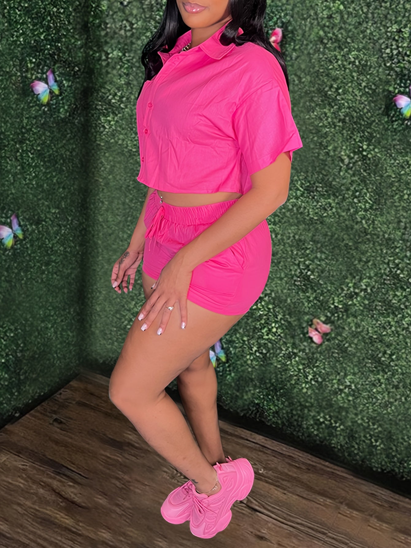 Solid Casual Two-piece Set, Short Sleeve Button Crop Top & Drawstring Waist Shorts Outfits, Women's Clothing
