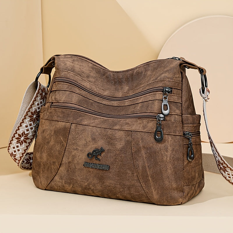 Women'S Retro Bohemian Crossbody Bag with Adjustable Strap - Solid Color Olive Green Tote Handbag, Large Capacity for Everyday Use, Golden-Tone Hardware & Zipper Closure, Purse Crossbody