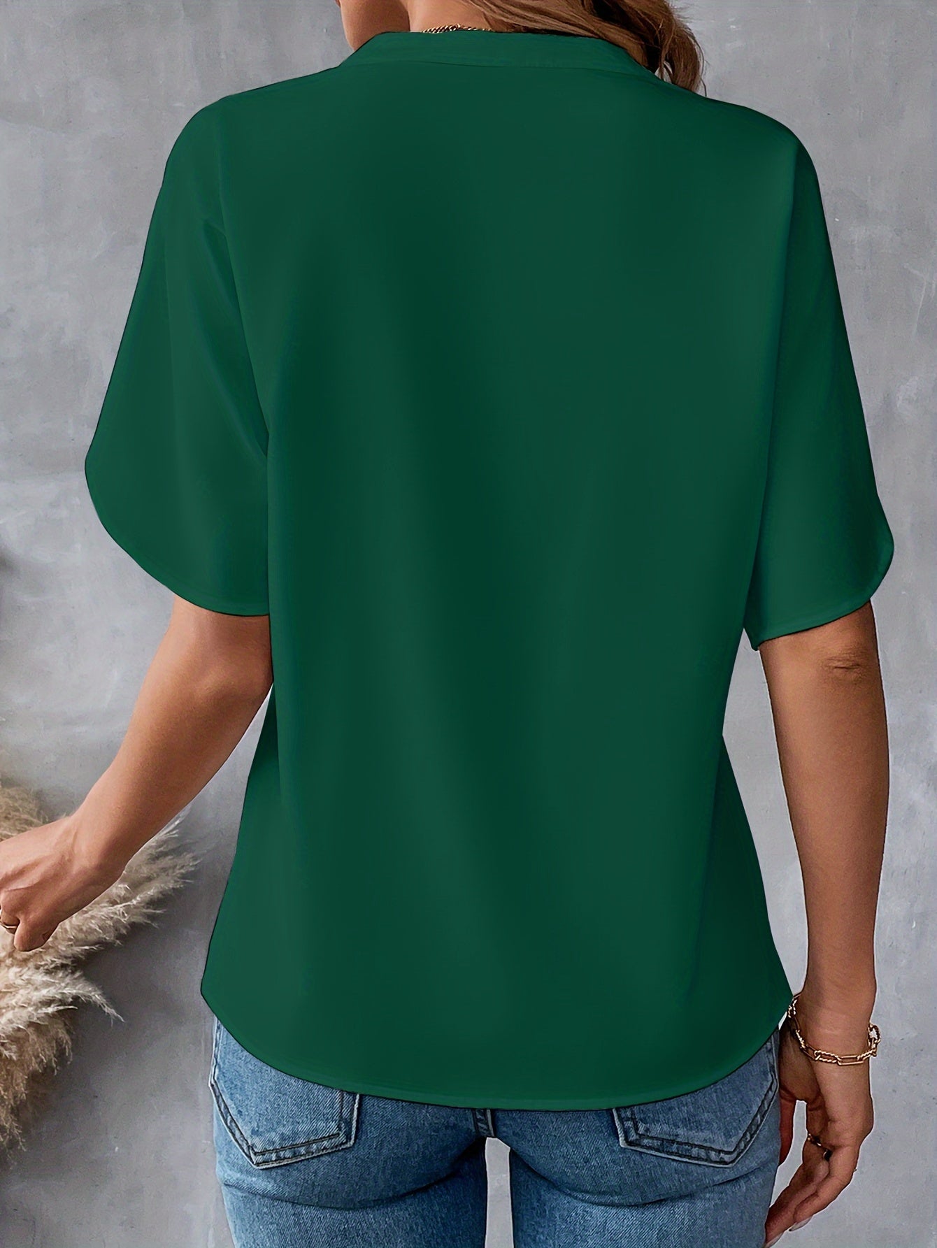 Solid Color Notch Neck Blouse, Casual Short Split Sleeve Blouse For Spring & Summer, Women's Clothing