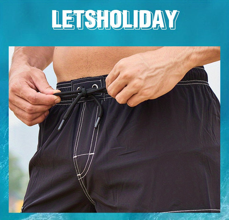 Men's Quick-Dry Swim Shorts with Adjustable Drawstring Waist & Pockets - Sporty Solid Black Beach Shorts for Swimming, Surfing, Water Sports - Machine Washable Regular Fit, Swimming Gear | Sleek Construction