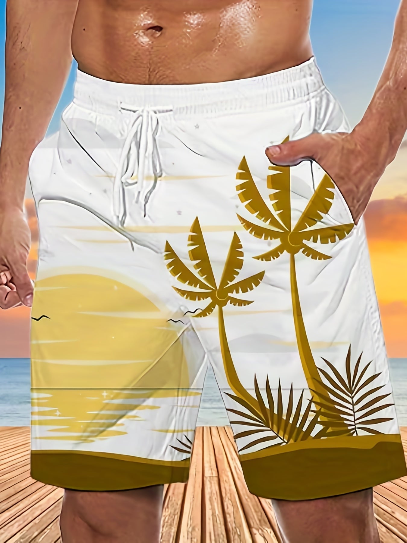 Quick Drying Comfortable Breathable Gradient Palm Tree At Dawn Seaside Drawstring Swim Trunks, Men's Board Shorts Swimwear For Summer Vacation Resort Beach Pool