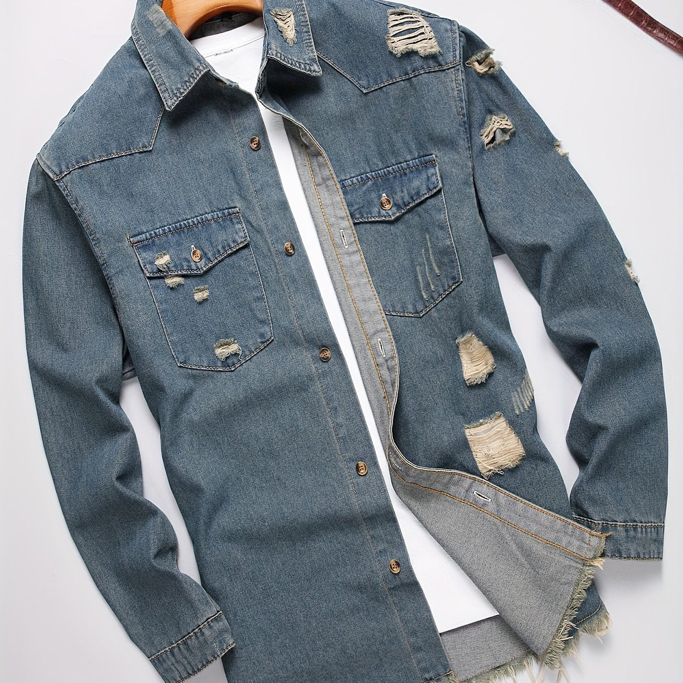 Men's Trendy Ripped Design Casual Button Up Long Sleeve Denim Shirt, Men's Clothes For Spring Summer Autumn, Tops For Men