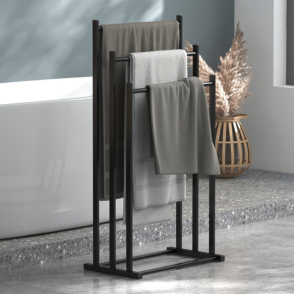 1pc Modern Three-Tier Freestanding Towel Rack - Heavy-Duty Floor-Standing Bathroom & Pool Drying Rack, Space-Saving Multifunctional Organizer for Indoor/Outdoor Use, No Installation Needed