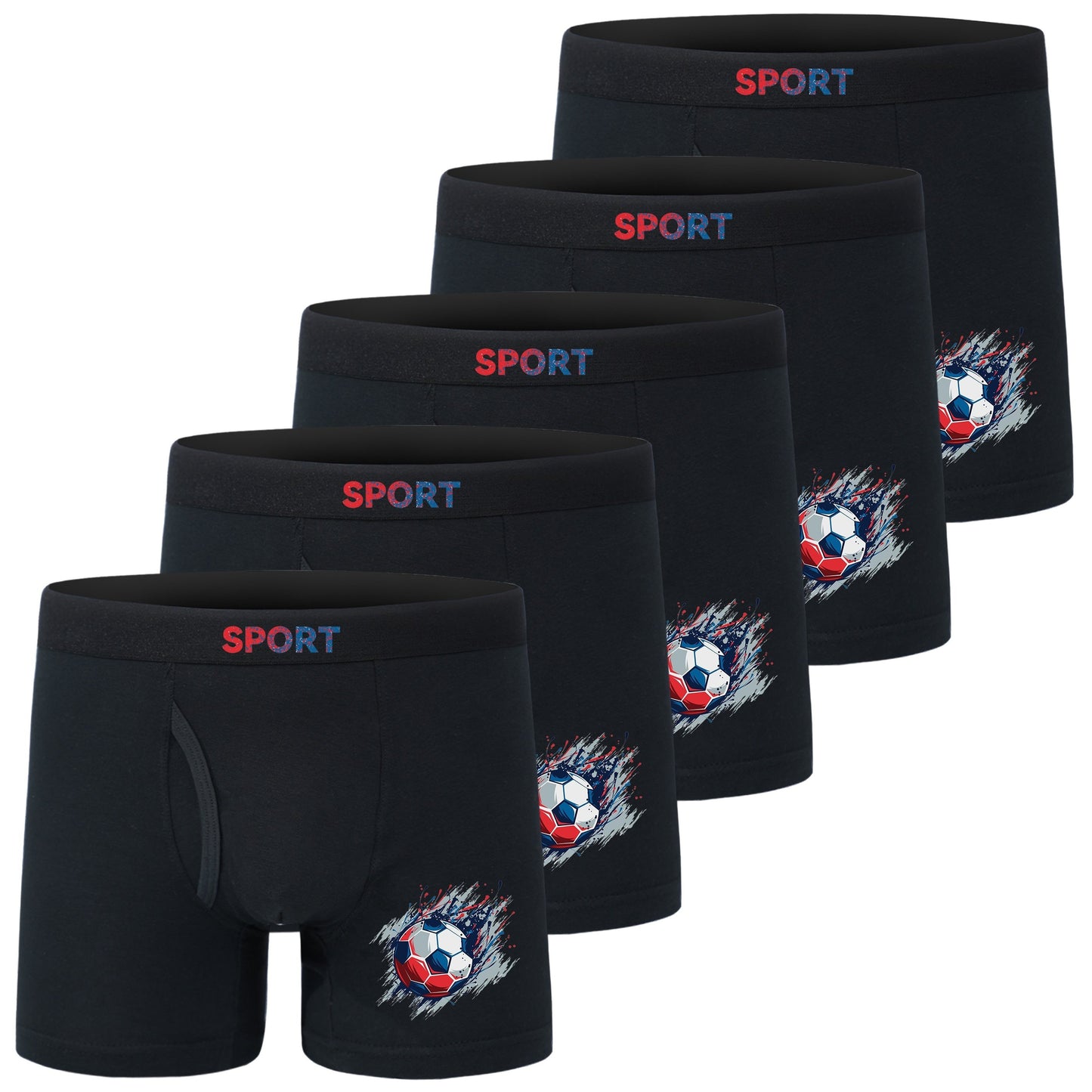 5pcs Football Print Boxer Briefs for Teen Boys - Breathable, Stretchy, Comfort Fit with Elastic Waistband & Half-Button Closure, Black with White & Red Soccer Design, Sports Underwear, Youth Athletic Wear, Sporty Boxers, Brea