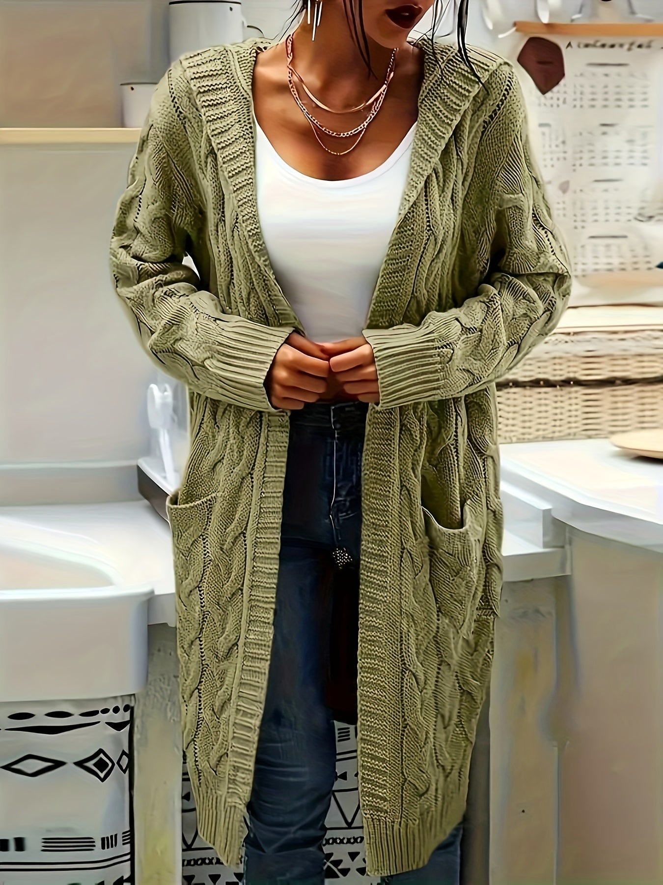 Women's Mid-Length Hooded Cardigan - Soft Stretchy Solid Color Long Sleeve Open Front Sweater with Pockets, Machine Washable Casual Elegance for Fall Winter, Everyday Comfort Wear, Stylish Hooded Design, Comfortable Fit