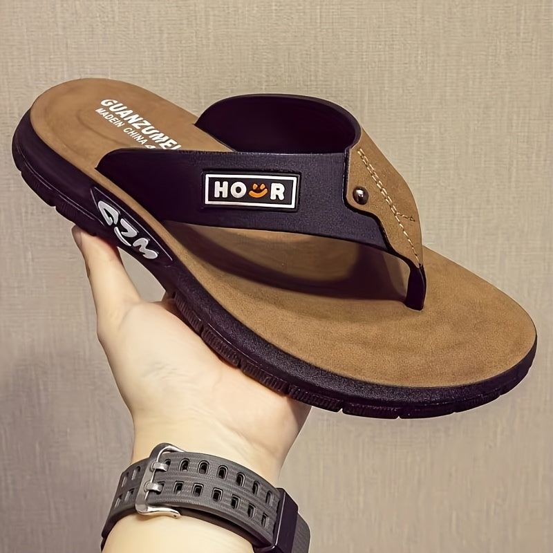 Men'S Summer Casual Flip-Flops - Odor-Resistant, Non-Slip, Durable Soft Sole Beach Slippers with Adjustable Strap, Brown & Black Design for Outdoor & Daily Wear, Beach Footwear | Stylish Flipflops | Durable PVC Sole, Sandal F