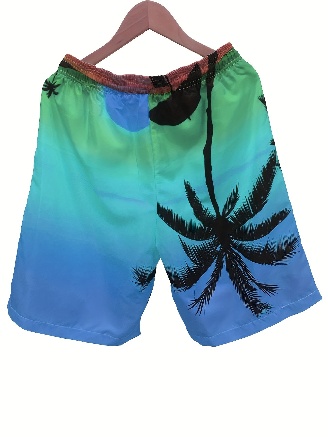 Quick Drying Comfortable Breathable Gradient Palm Tree At Dawn Seaside Drawstring Swim Trunks, Men's Board Shorts Swimwear For Summer Vacation Resort Beach Pool