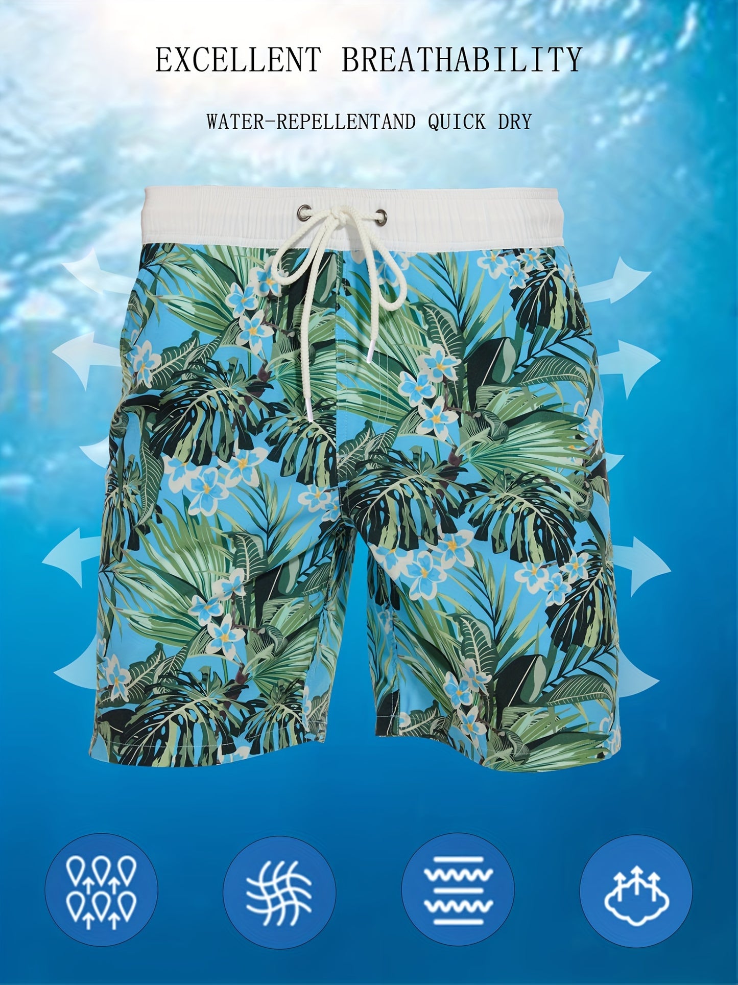 Men's Quick-Dry Beach Shorts with Tropical Palm Tree & Palm Leaf Print - Breathable Stretch Fabric for Summer, Outdoor, Hiking, Swimming - Machine Washable Casual Athletic Shorts, Outdoor Activewear, Summer Shorts
