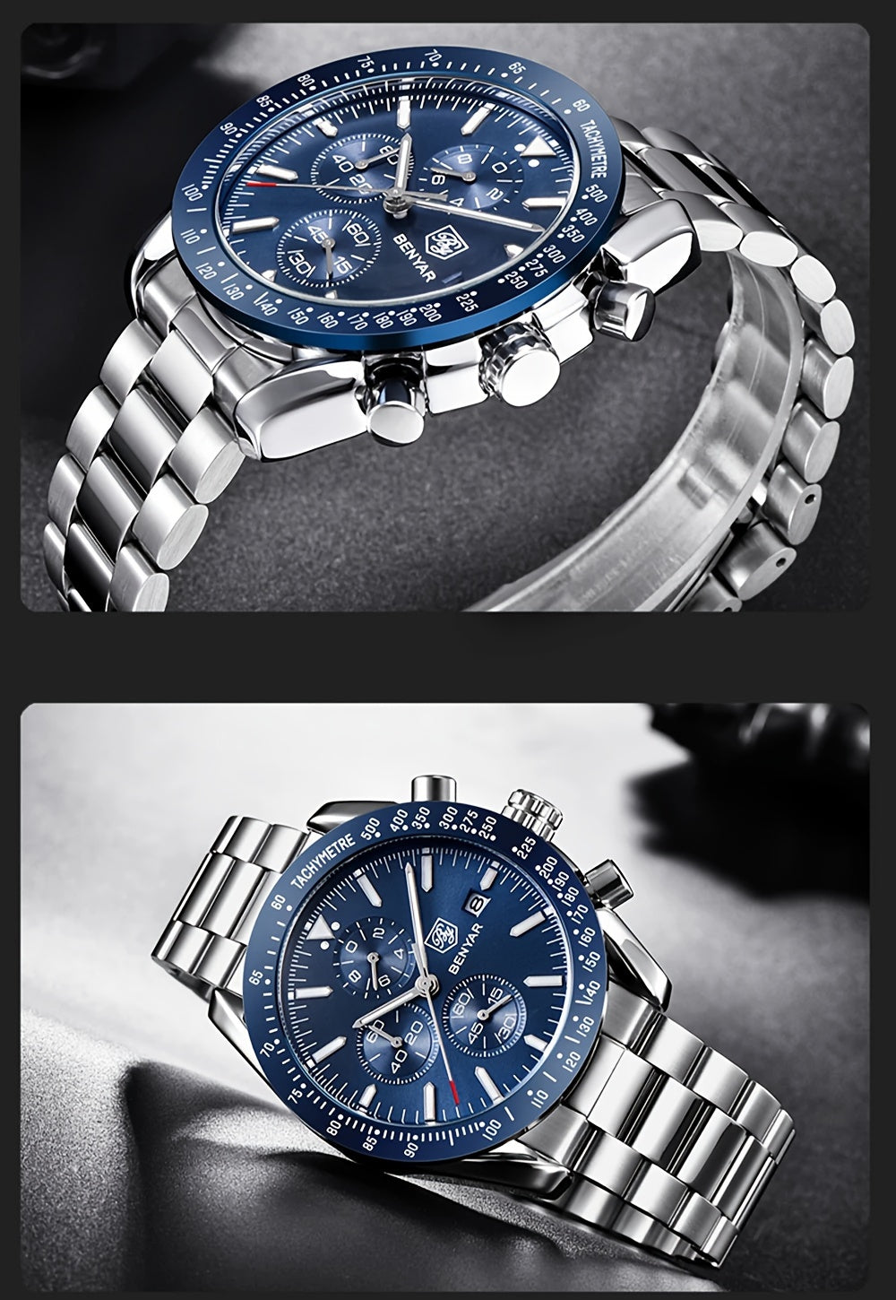 BY BENYAR Men'S Quartz Chronograph Watch - Luminous, Stainless Steel, Blue Dial with Date & Stopwatch, Faux Leather Strap, Elegant Business & Casual Style, Perfect Gift for Men, Professional Chronograph | Sleek Watch Design |