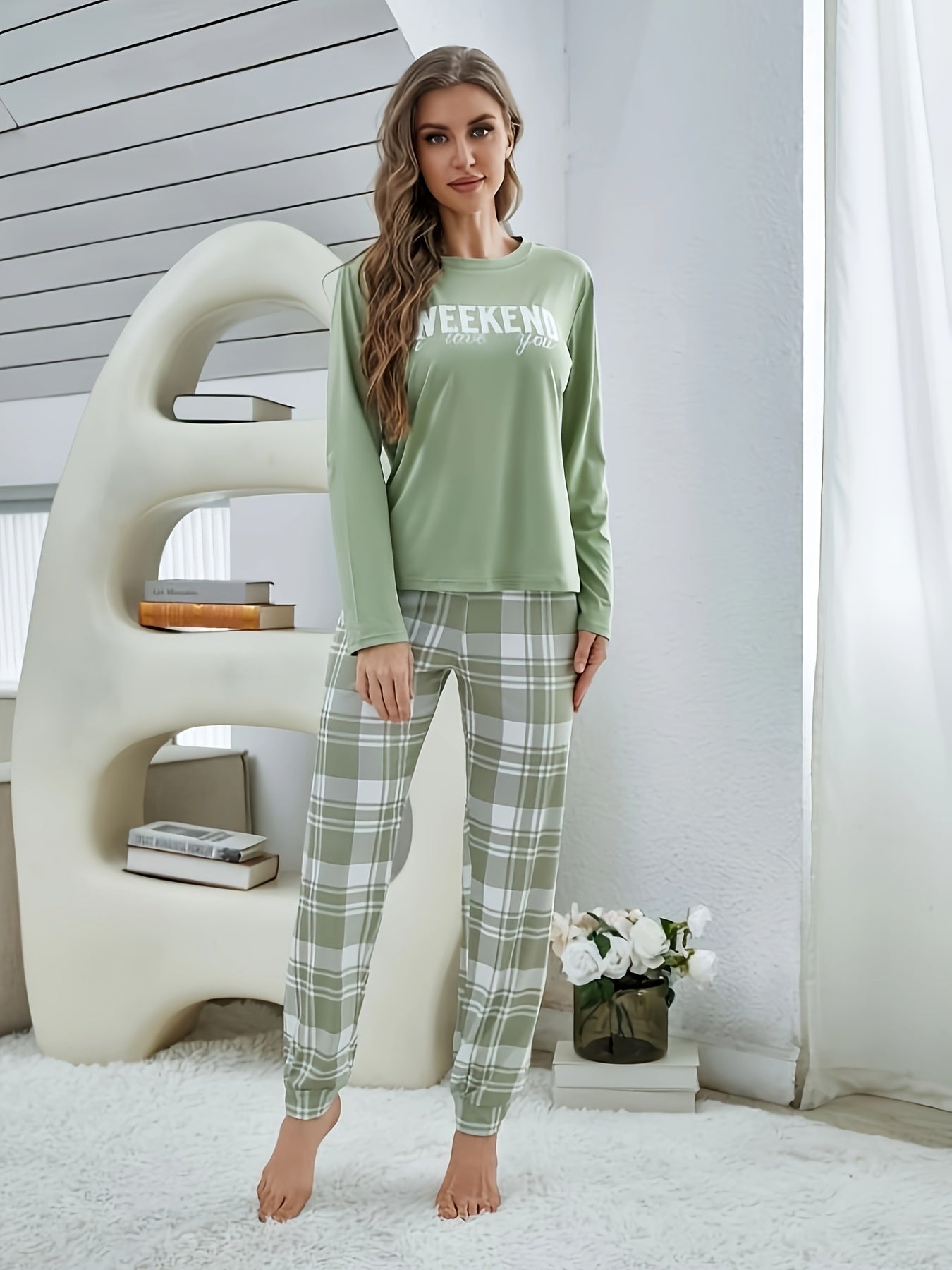 Women's round-neck printed long-sleeve top, plaid pants, pajamas, and loungewear
