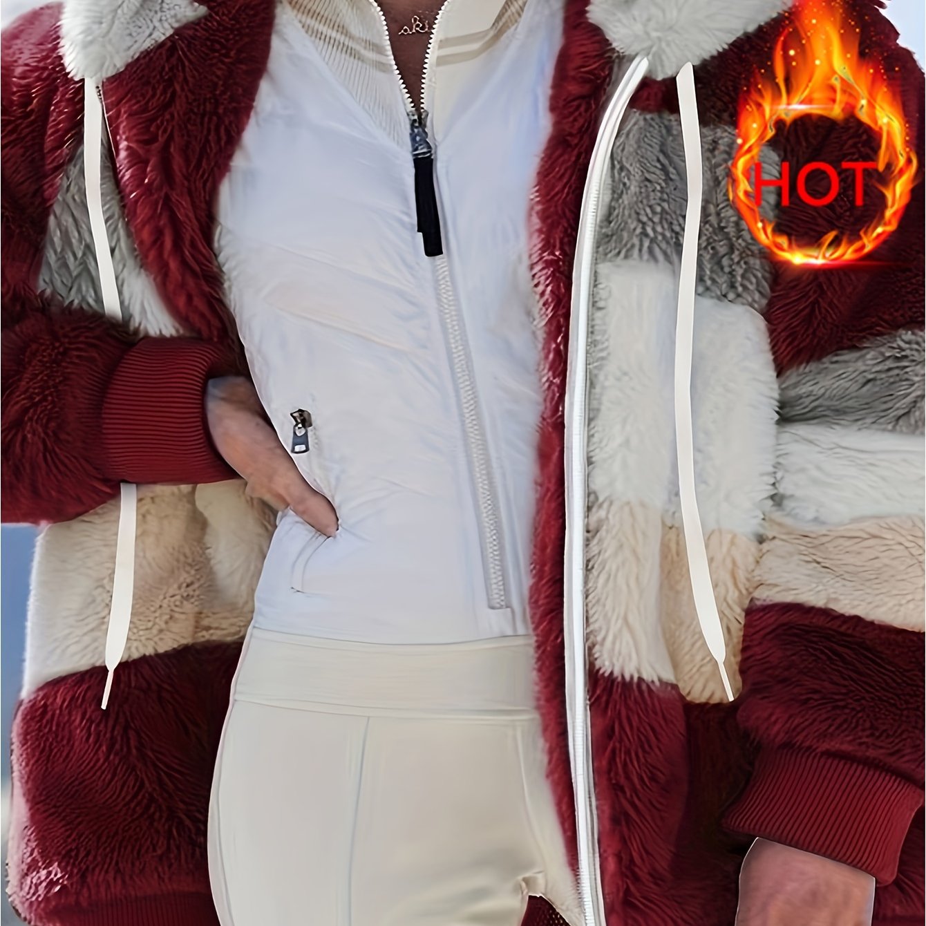 Women's Plush Faux Fur Hooded Jacket - Loose Fit Color Block Coat with Blue/Beige/White/Black Design, Long Sleeve Winter Warmth, Machine Washable for Casual & Formal Outfits, Ladies Winter Coats, Autumn Layering Piece, Formal