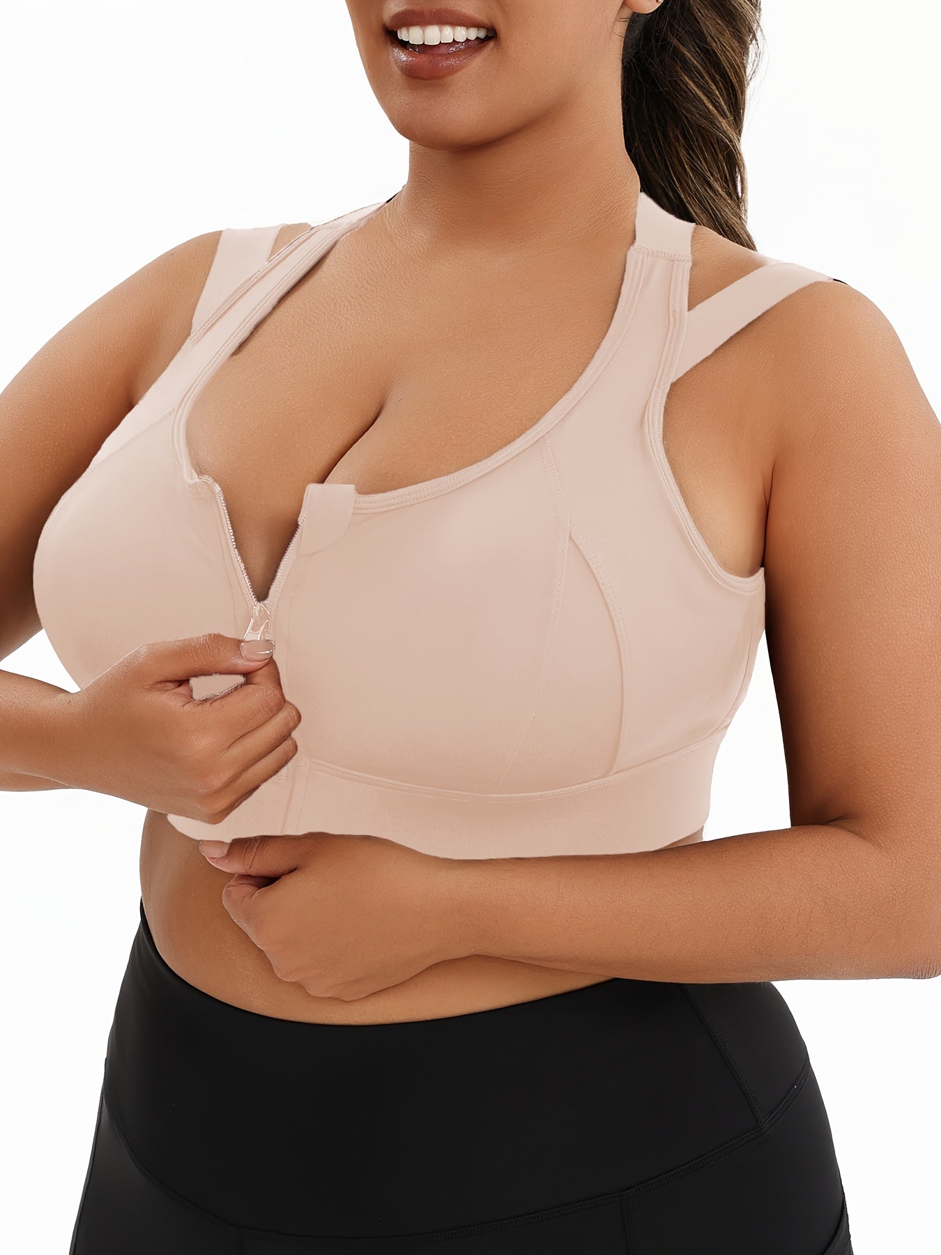 Women's Plus Size Sports Bra, Front Zip Closure, High Support Fitness Active Wear, Breathable Comfortable Lingerie, For Basketball Yoga Sports, Simple Look