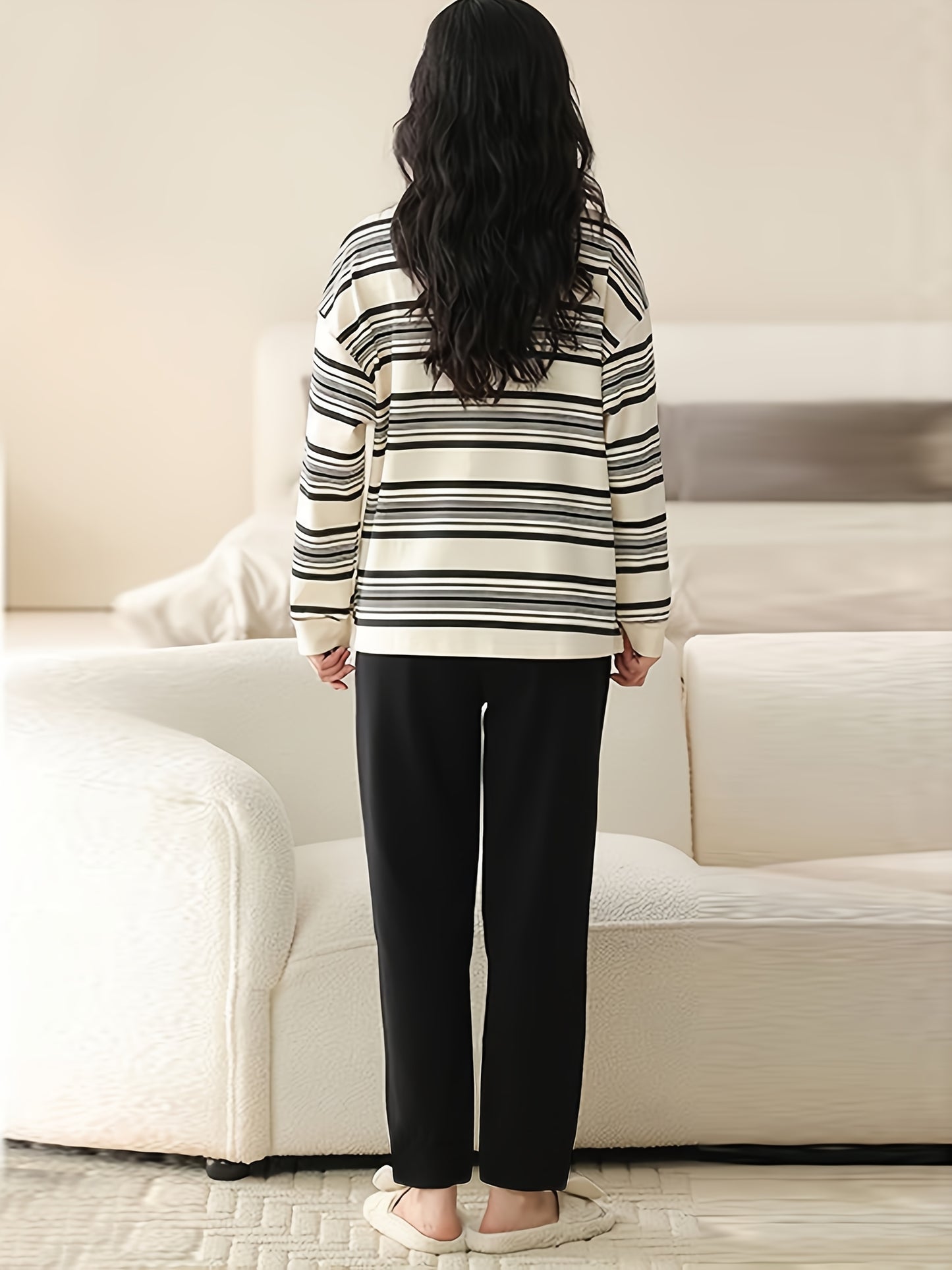 Women's Black and White Striped Cat Print Casual Pajama Set - Elastic Waist Pants with Round Neck Long Sleeve Top, Machine Washable, Perfect Seasonal Sleepwear, Loose Fit | Whimsical Pattern T-Shirt | Polyester Blend Fabric,