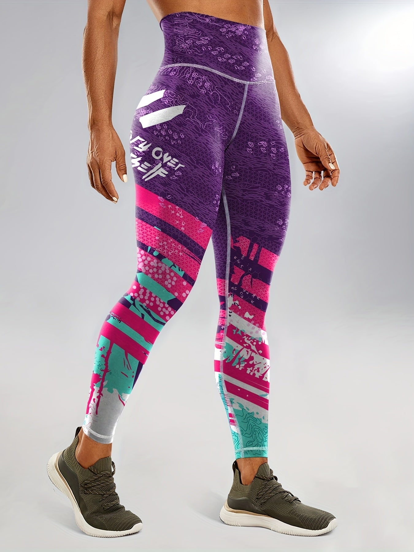 Women's Fashion Color Block Splash Print Yoga Pants, Striped Print Breathable Stretchy Butt Lifting Yoga Workout Running Sports Leggings, Women's Activewear