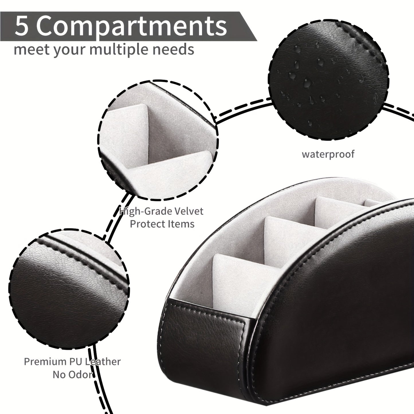 Remote Control Holder with 5 Compartments, PU Leather Multifunctional Desktop Storage Box/Remote Caddy/Pen Holder/Multi-Scene Practical Desk Organizer Shelf for Appliance Controllers, Stationery, Eyeglasses, Brushes, Office S