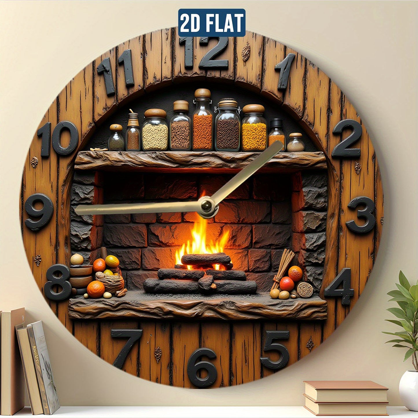1 round acrylic wall clock - silent and tick-free, featuring a rustic fireplace design with a spice rack and flame effect, battery operated (excluding AA batteries) - home decoration, perfect for Christmas and Easter gifts, 2