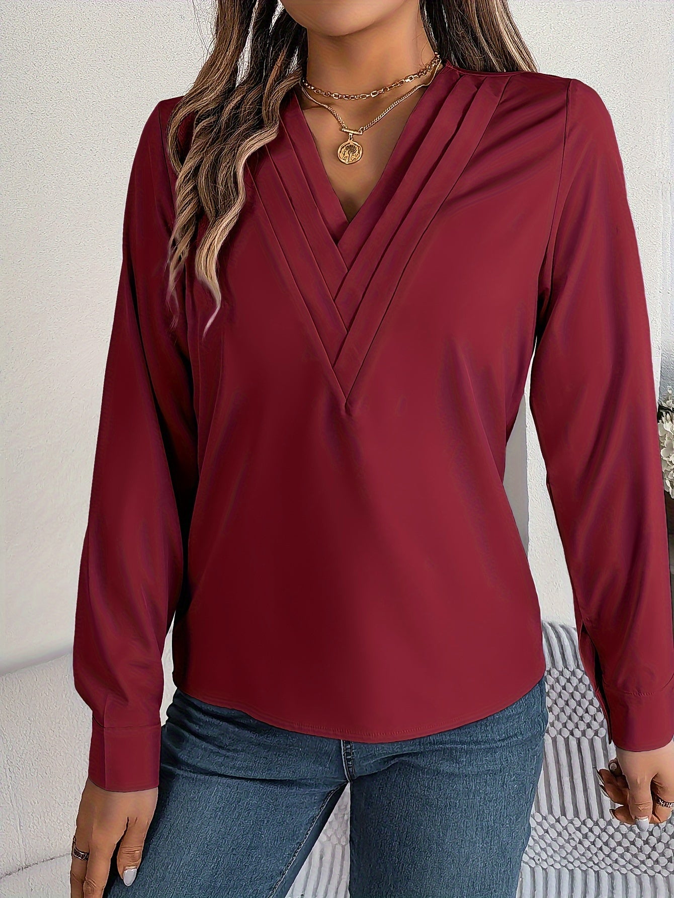 Women'S Elegant V-Neck Long Sleeve Shirt, Solid Color Polyester Blouse with Triple V-Cut, 95% Polyester 5% Elastane, Woven Fabric, 120g/m², for Spring/Summer/Fall - Adult