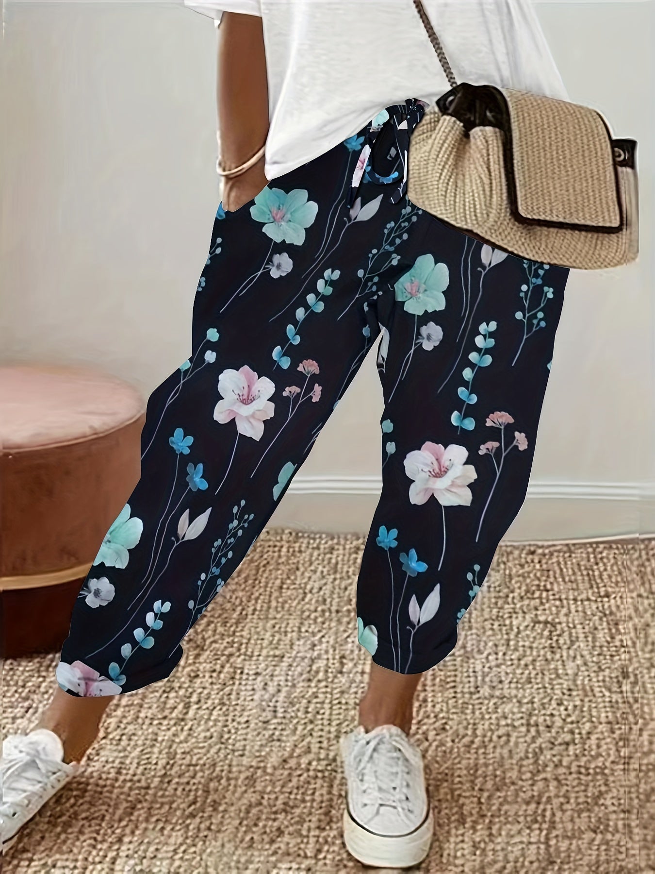 Floral Print Drawstring Straight Leg Pants, Casual Dual Pockets Pants For All Season, Women's Clothing