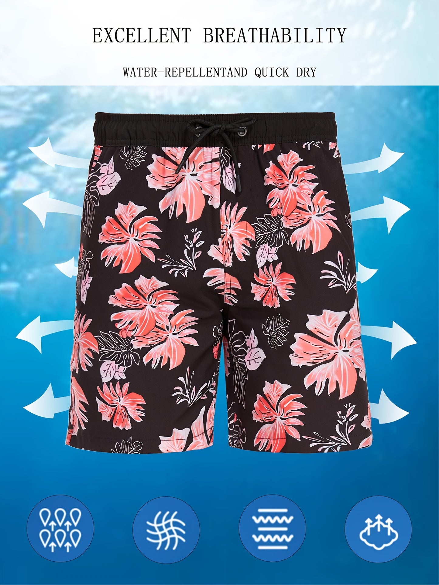 Men's Quick-Dry Beach Shorts with Tropical Palm Tree & Palm Leaf Print - Breathable Stretch Fabric for Summer, Outdoor, Hiking, Swimming - Machine Washable Casual Athletic Shorts, Outdoor Activewear, Summer Shorts