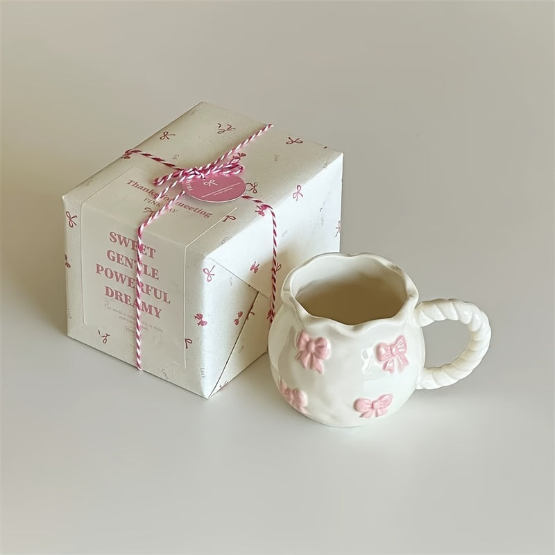 1pc Handmade Irregular Bow Ceramic Mug, 340ml, Geometric Pattern, Microwave Safe, Machine Washable, Reusable, Perfect for Home Kitchen, Dorm Breakfasts, Birthday, Christmas, Thanksgiving, Valentine's Day, Mother's Day, Gradua