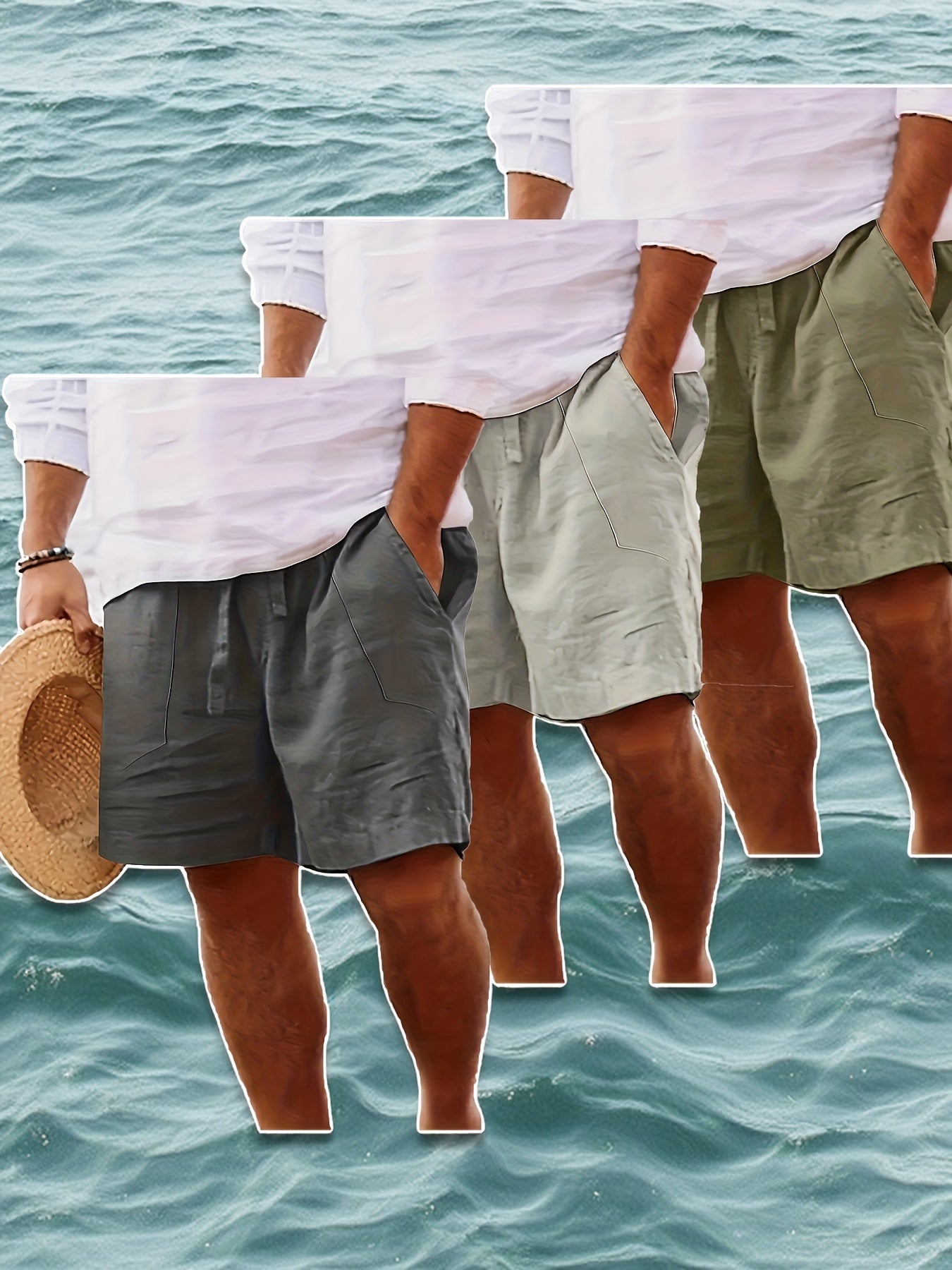 Men's Summer Shorts, Drawstring Elastic Waist, Straight Leg Solid Color Breathable Casual Beach Capri Pants - Three-Pack