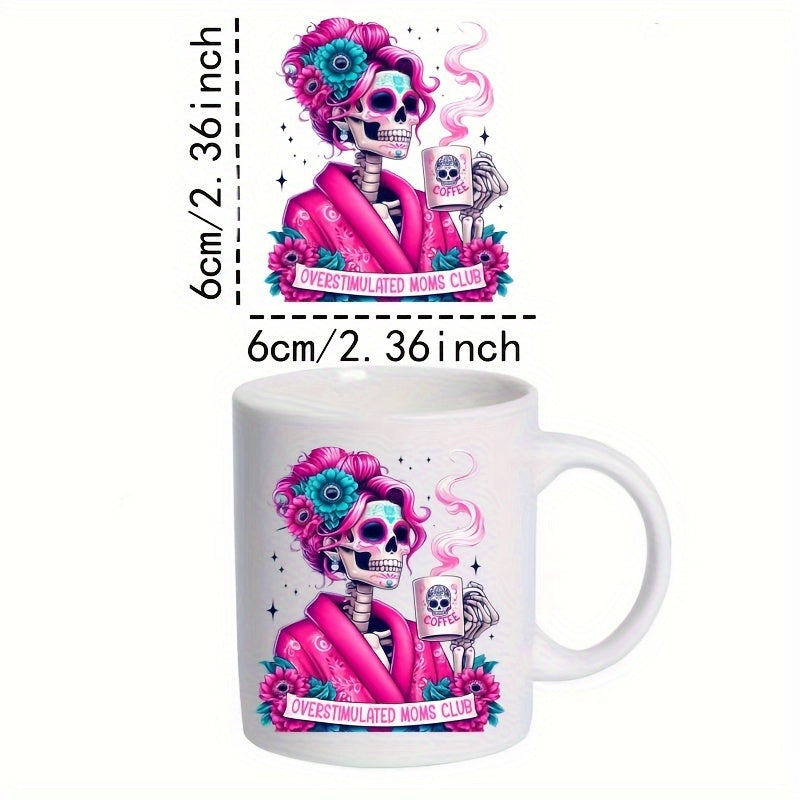 4pcs Pink Skull Coffee & Beverage Mug Set with DIY Decorative Stickers - Transparent Glass, Waterproof, Scratch & Oil Resistant for Various Surfaces