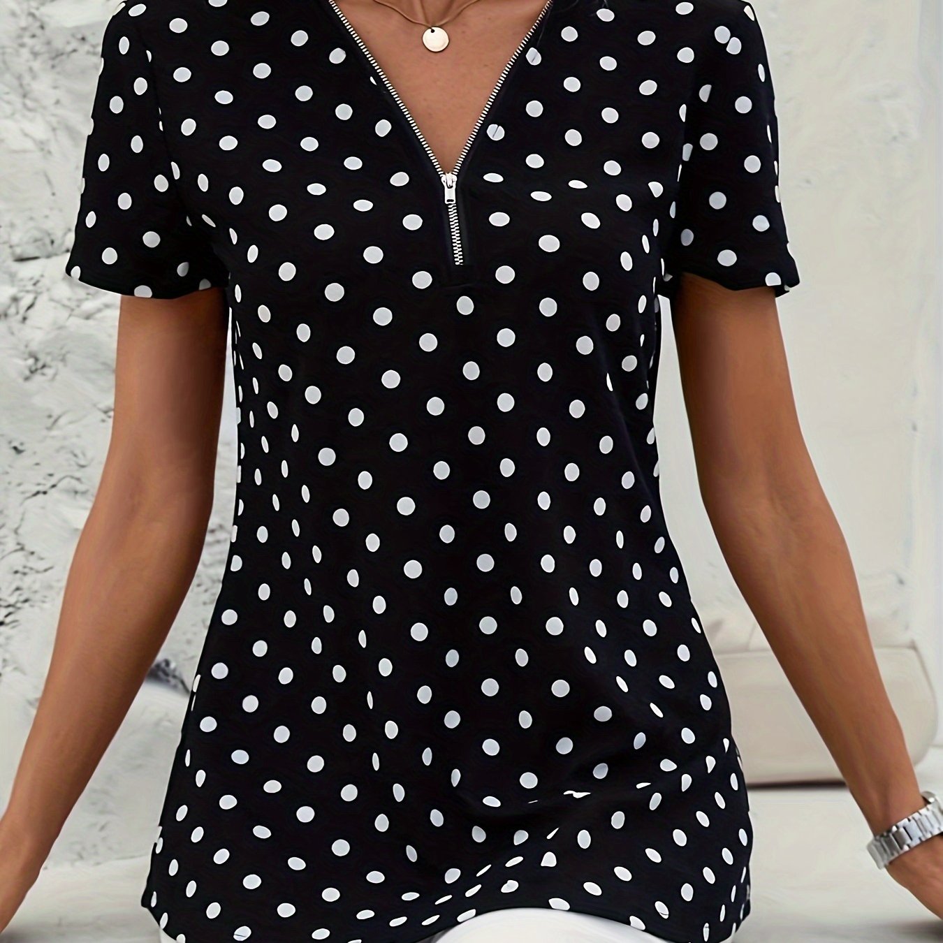 Polka Dots Print V Neck Blouse, Elegant Zipper Front Short Sleeve Blouse For Spring & Summer, Women's Clothing