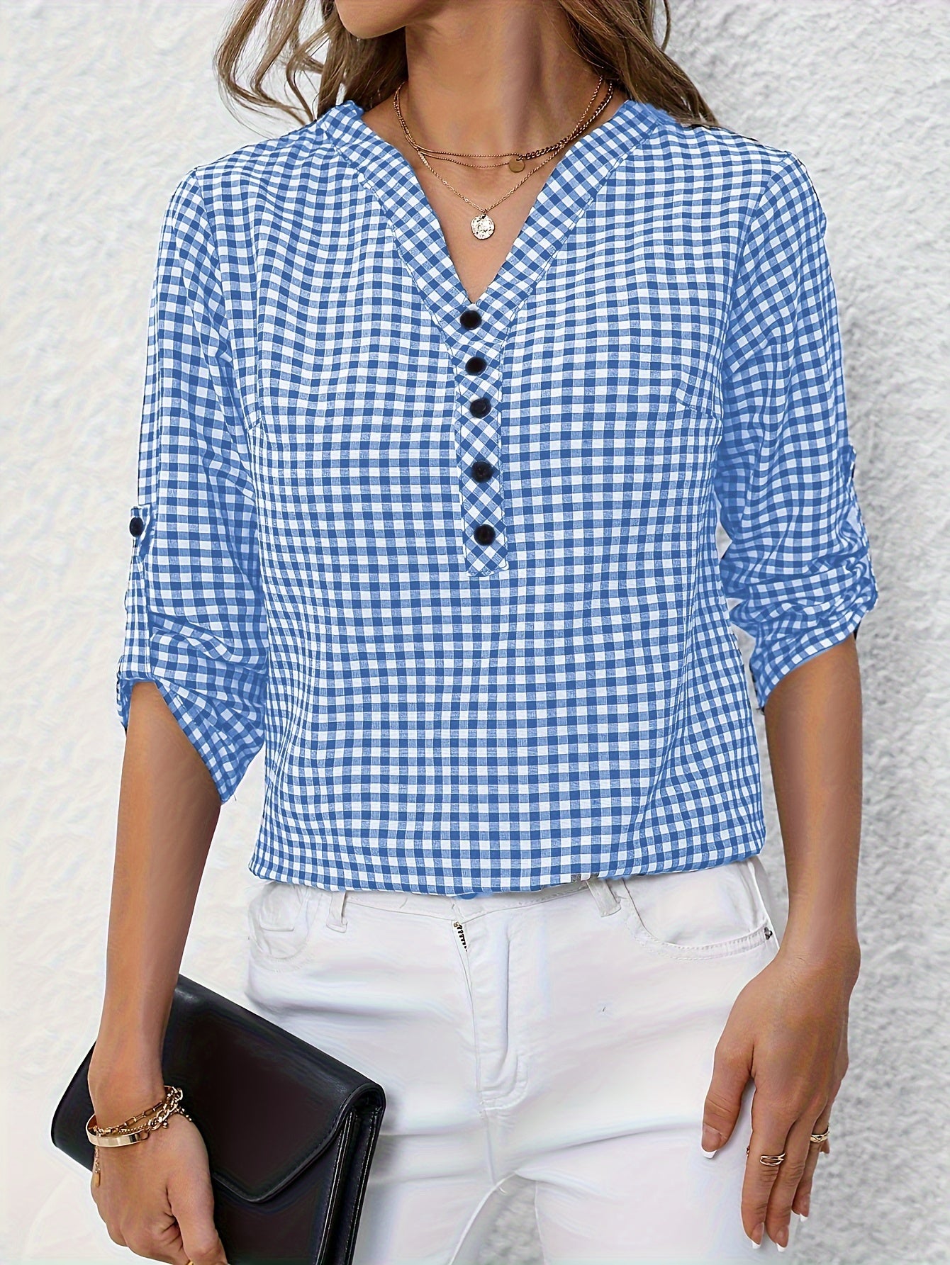 Plaid Print Button Notched Neck Blouse, Casual Rolled Sleeve Blouse For Spring, Women's Clothing