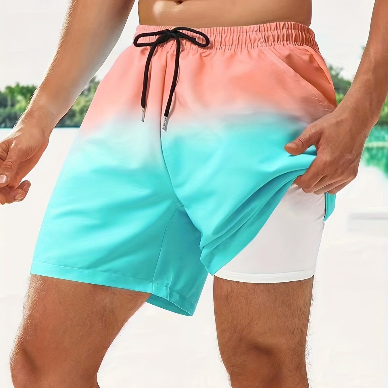 Men's Gradient Beach Shorts - Quick-Dry, Drawstring Waist, Pockets, Polyester, Ideal for Summer Activities & Casual Wear, Casual Summer Shorts|Summer Fashion Shorts|Lightweight Shorts