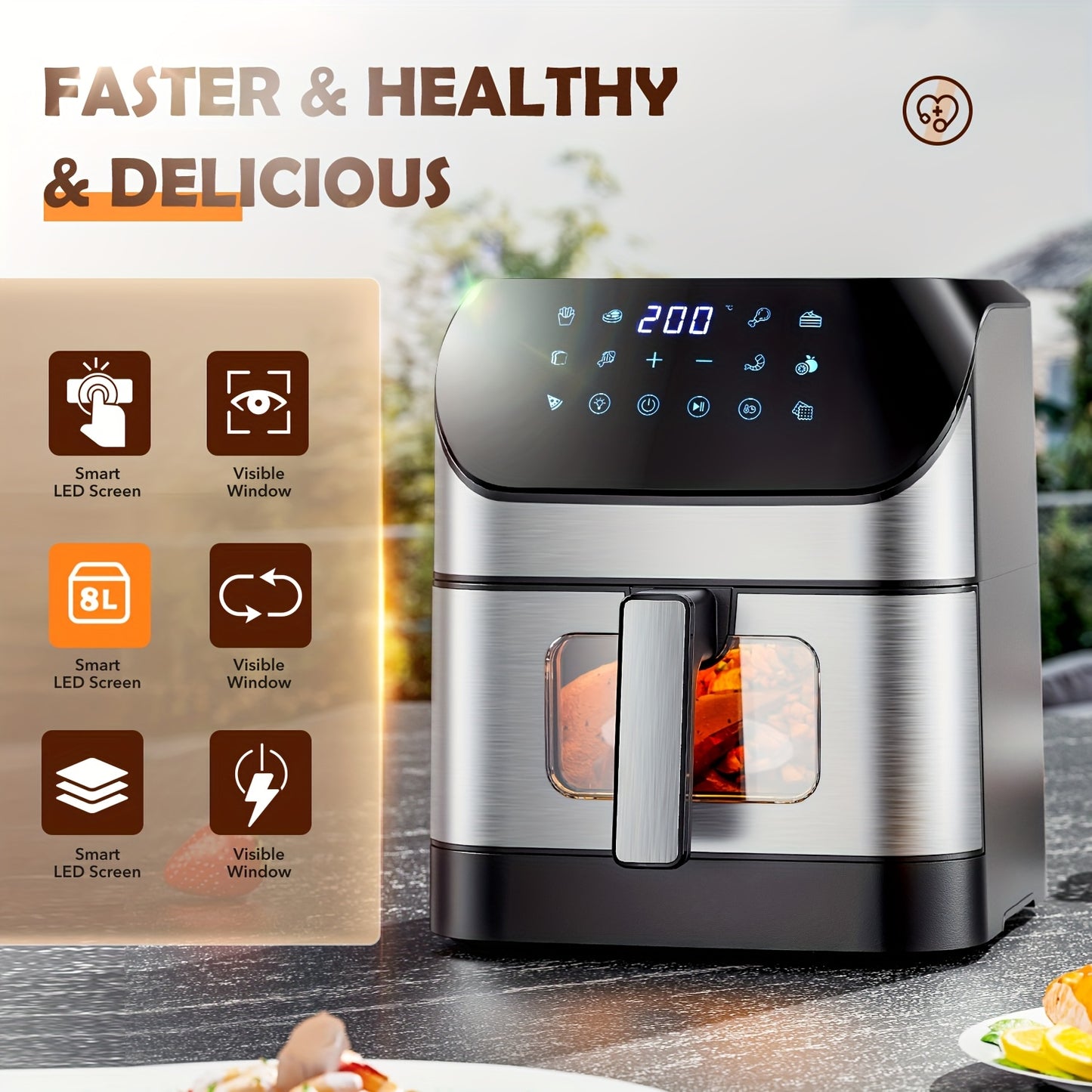 XXL 8L Air Fryer With Viewing Window, Oil-Free Fryer, Adjustable Temperature 80°C-200°C, 10 Presets In One Touch, Digital Control, Non-Stick Basket, Air Fryer Ninja Style