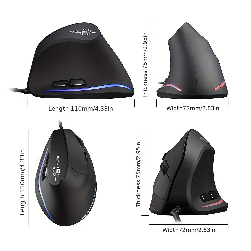 Wired Vertical Ergonomic Mouse Featuring 4 Adjustable DPI Settings, Reaching Up to 3200 DPI, Equipped with 6 Buttons And LED Optical Technology, Suitable for Desktops, Macs, Pcs, Laptops, And Gaming, Model ZELOTES T-20.
