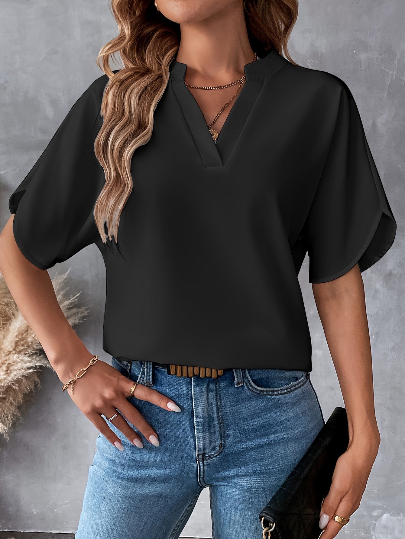 Solid Color Notch Neck Blouse, Casual Short Split Sleeve Blouse For Spring & Summer, Women's Clothing