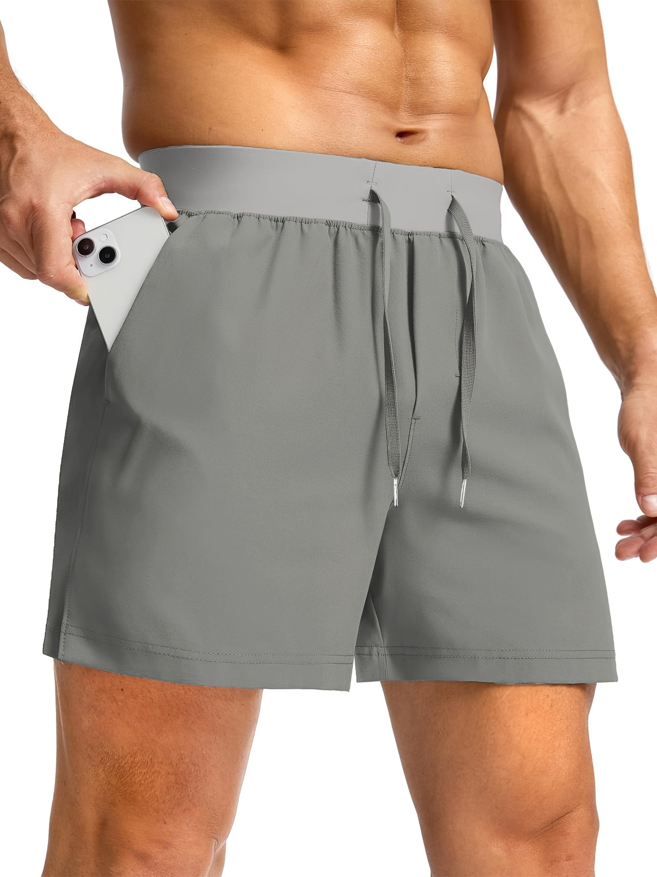 Men'S Light Gray Running Shorts with Zipper Pockets - Adjustable Drawstring, Quick-Dry Athletic & Casual Shorts for Gym, Training, Hiking, and Everyday Wear