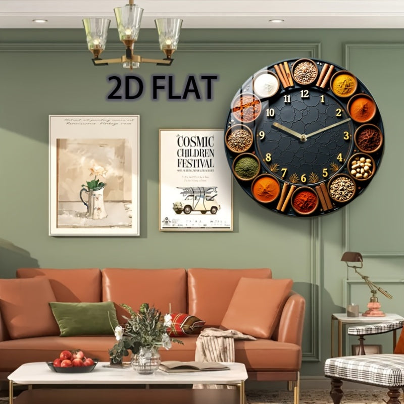 1pc 8-Inch Silent Round Wall Clock with Spice & Herb Design - Acrylic Quartz Movement, Golden Accents, Battery-Powered (AA Not Included) - Kitchen, Bedroom, Living Room, Kitchen Clock, Home Decoration, Decorative Timepiece, H