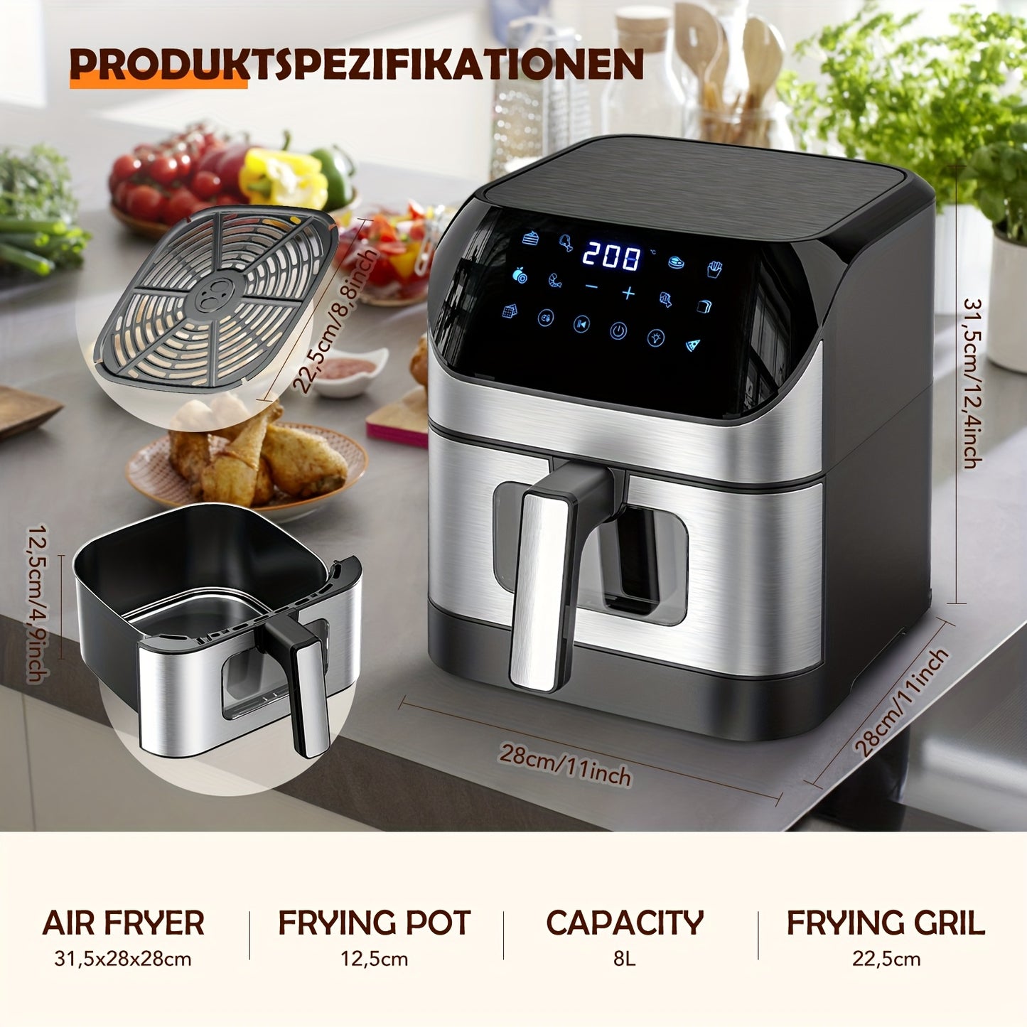 XXL 8L Air Fryer With Viewing Window, Oil-Free Fryer, Adjustable Temperature 80°C-200°C, 10 Presets In One Touch, Digital Control, Non-Stick Basket, Air Fryer Ninja Style
