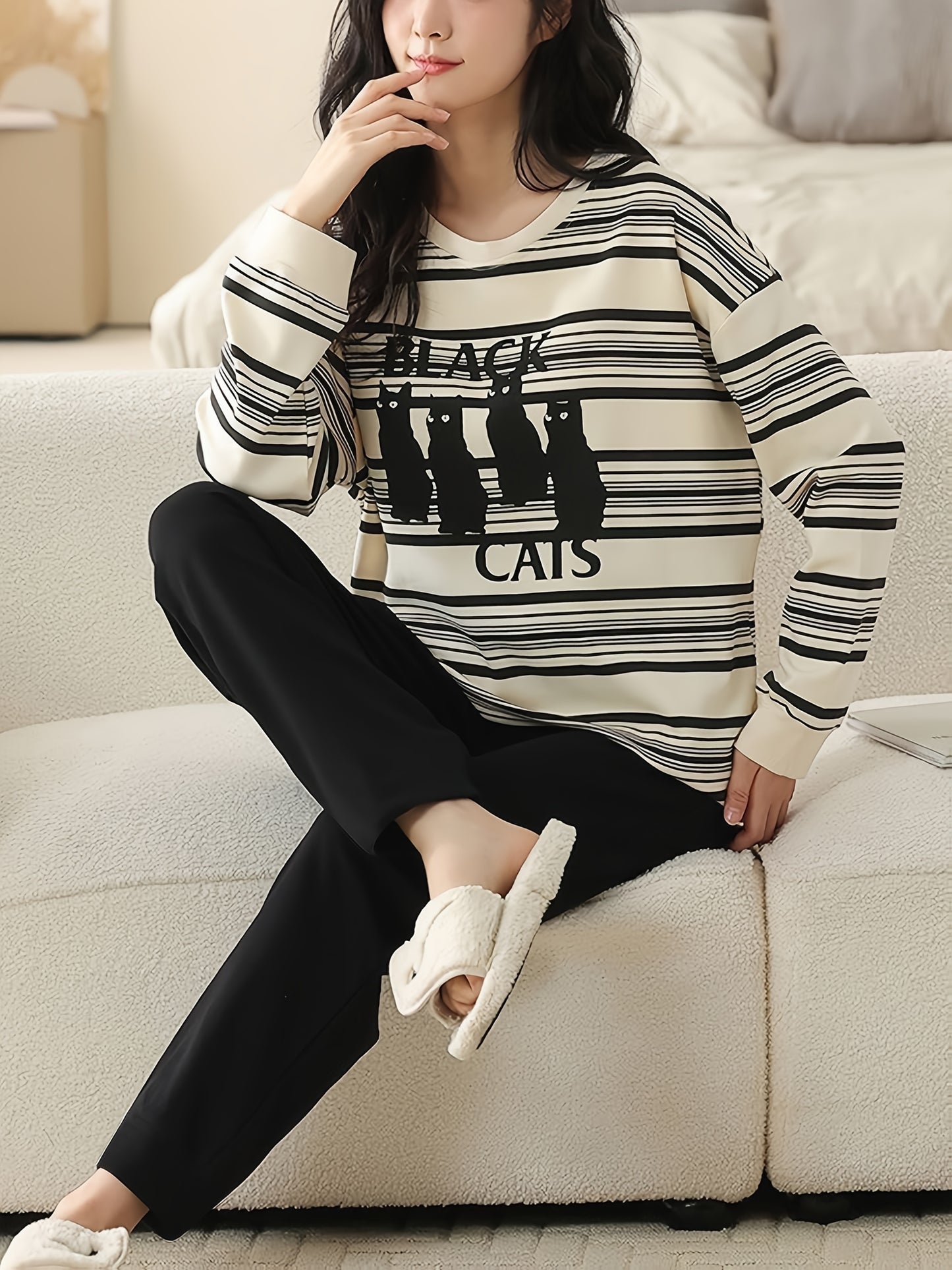 Women's Black and White Striped Cat Print Casual Pajama Set - Elastic Waist Pants with Round Neck Long Sleeve Top, Machine Washable, Perfect Seasonal Sleepwear, Loose Fit | Whimsical Pattern T-Shirt | Polyester Blend Fabric,