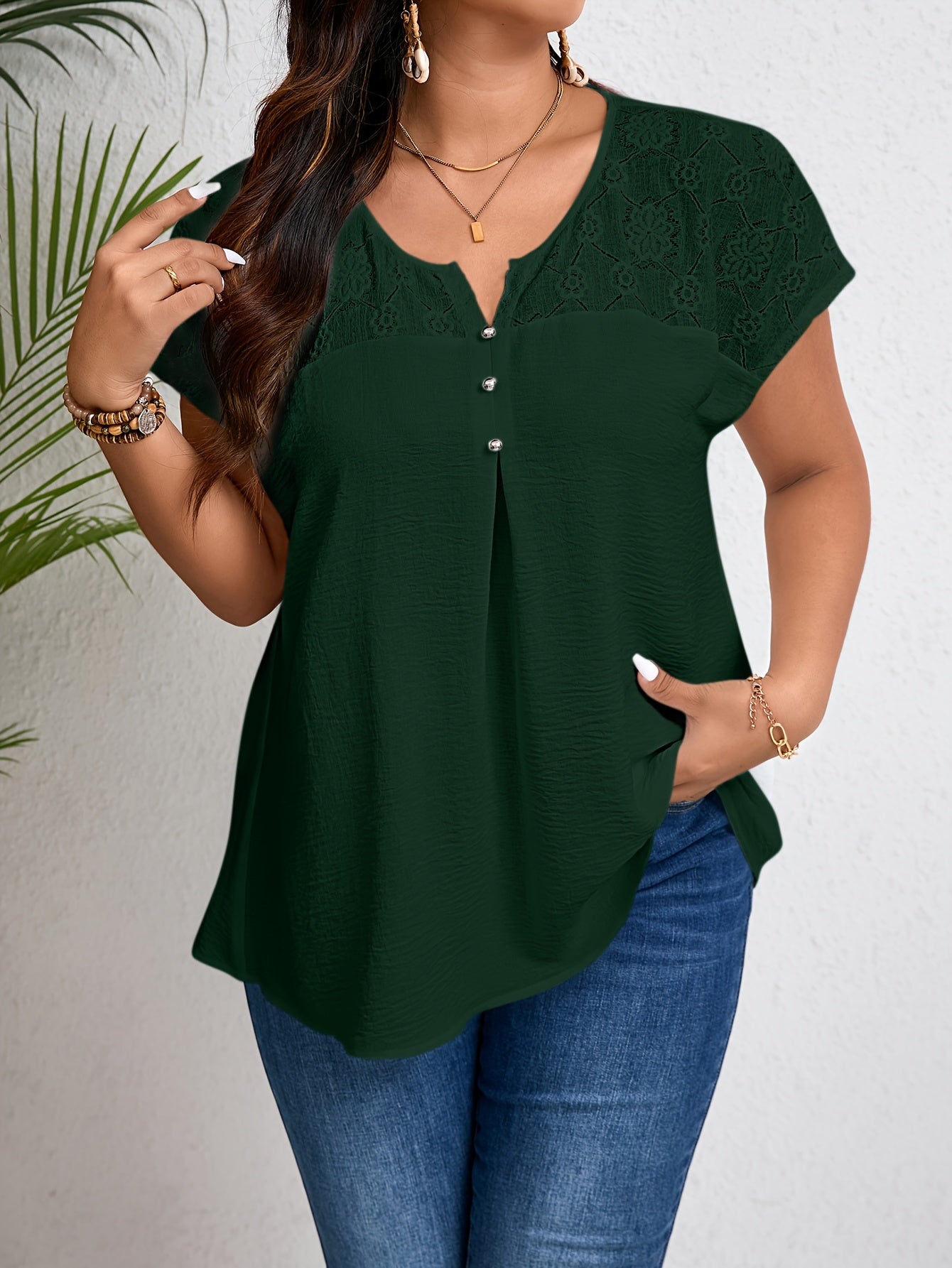 Women'S Plus Size Casual Top - Elegant Maroon Blouse with Contrast Lace Detail, Non-Stretch Fabric, Perfect for Spring/Summer/Fall, Plus Size Blouses