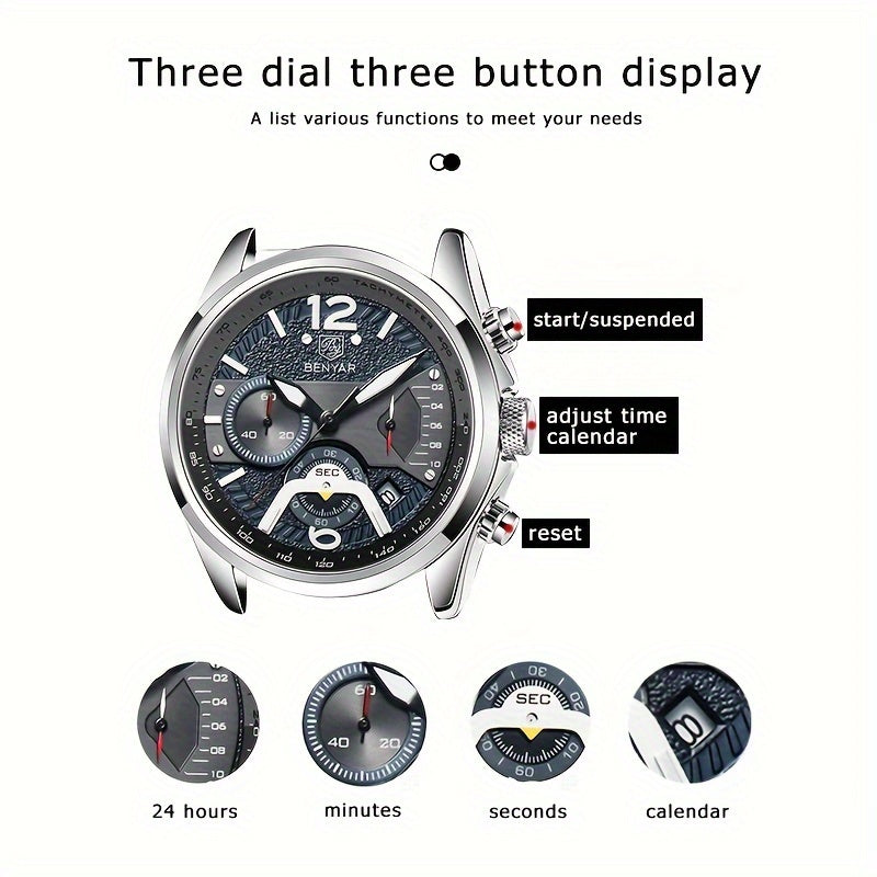 BENYAR Men's Luminous Quartz Watch - 42mm, Chronograph & Analog Display, Sporty Business Casual Design with Faux Leather Strap