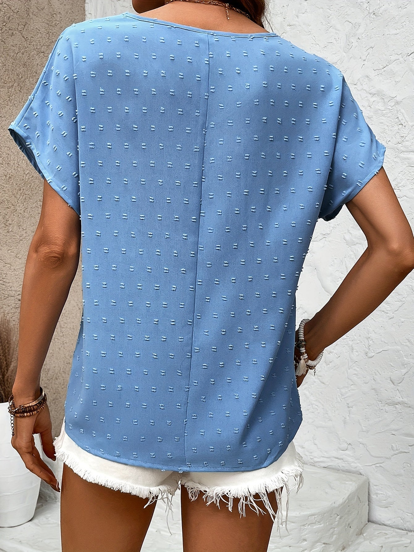 Swiss Dot V Neck Blouse, Casual Short Sleeve Blouse For Spring & Summer, Women's Clothing