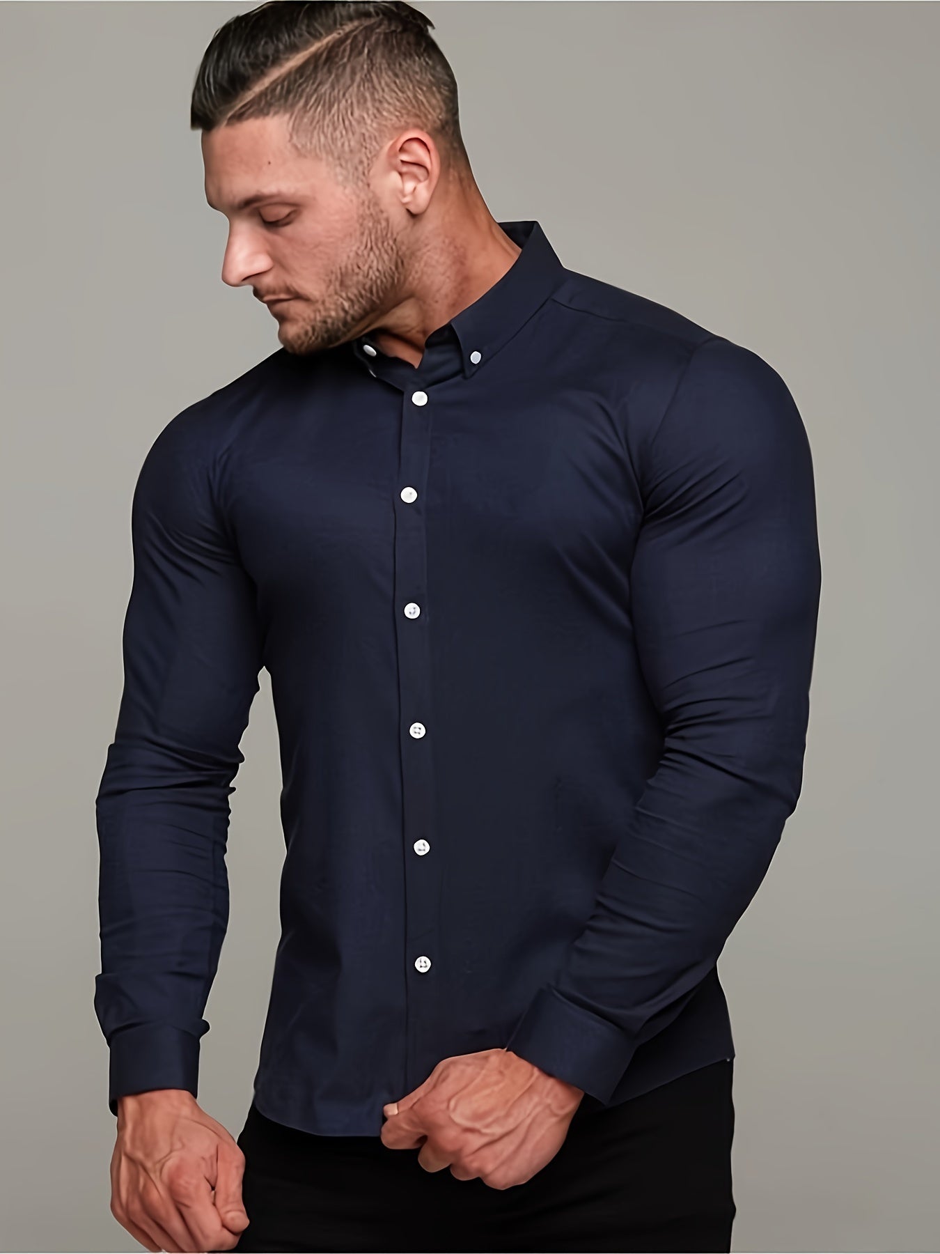 Solid Color Men's Slim Fit Stretch Quick-drying Long Sleeve Button Up Shirt, Spring Fall Workout Activity