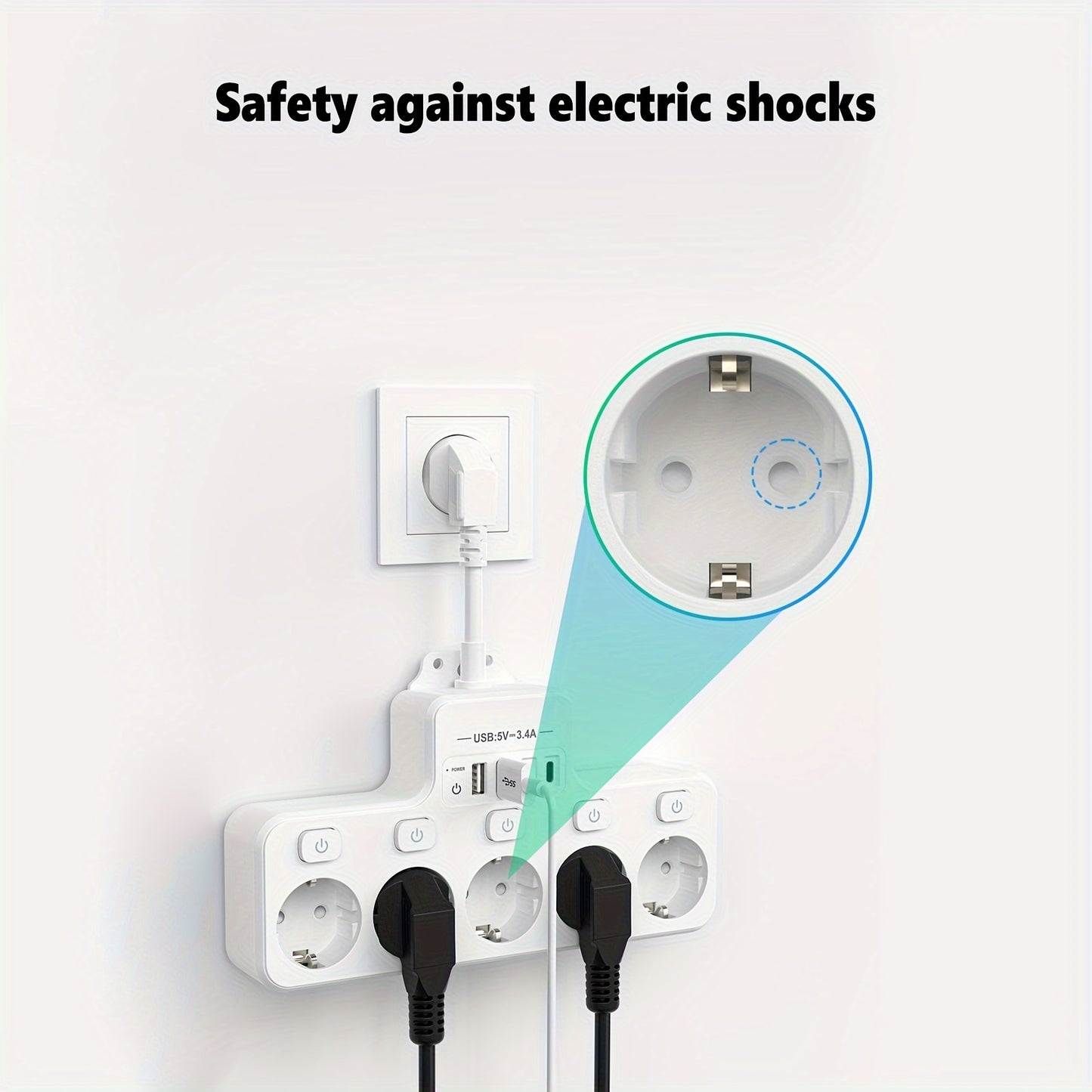 A 9-In-1 Power Strip with USB, Featuring 5 EU Sockets with Individual And Master Switches, 2 USB-A And 2 USB-C Ports, Flexible Cable Sockets, Wall-Mounted Design, Suitable for Home, Kitchen, Office, And Travel.
