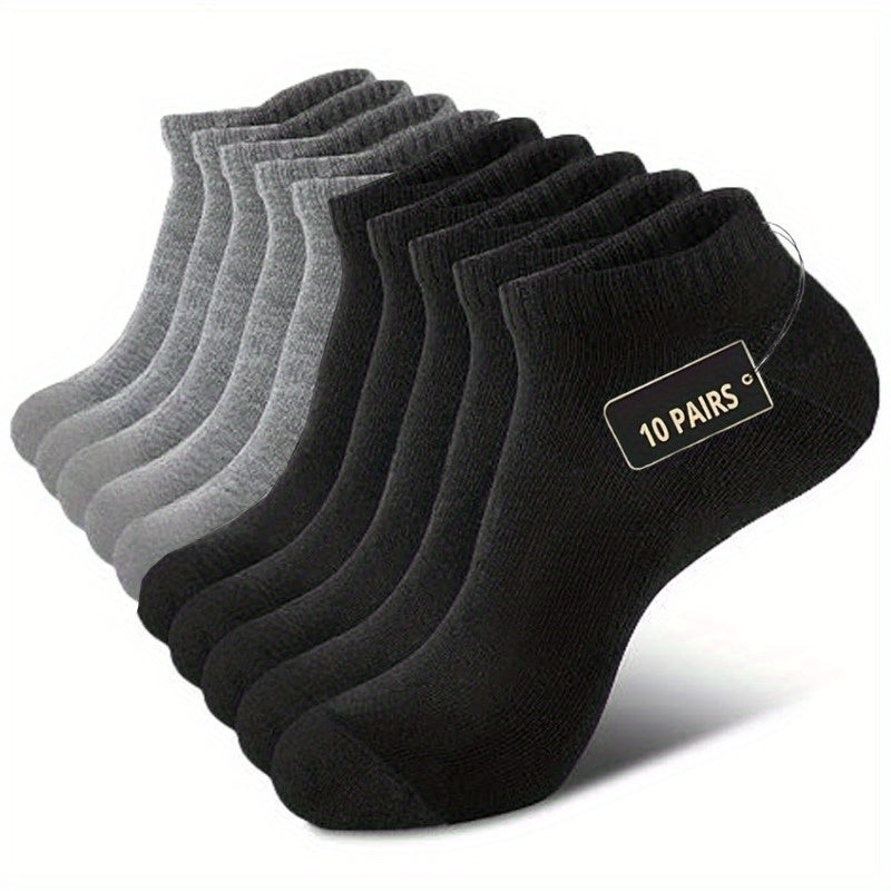 10 Pairs THCBME Men's Heavy-Duty Low-Cut Socks - Multi-Color Pack (White, Black, Grey, Beige) - Cushioned Comfort, Reinforced Toe & Heel, Elastic Arch - Bulk Discount for, Gym, Casual Attire - Durable Casual Socks