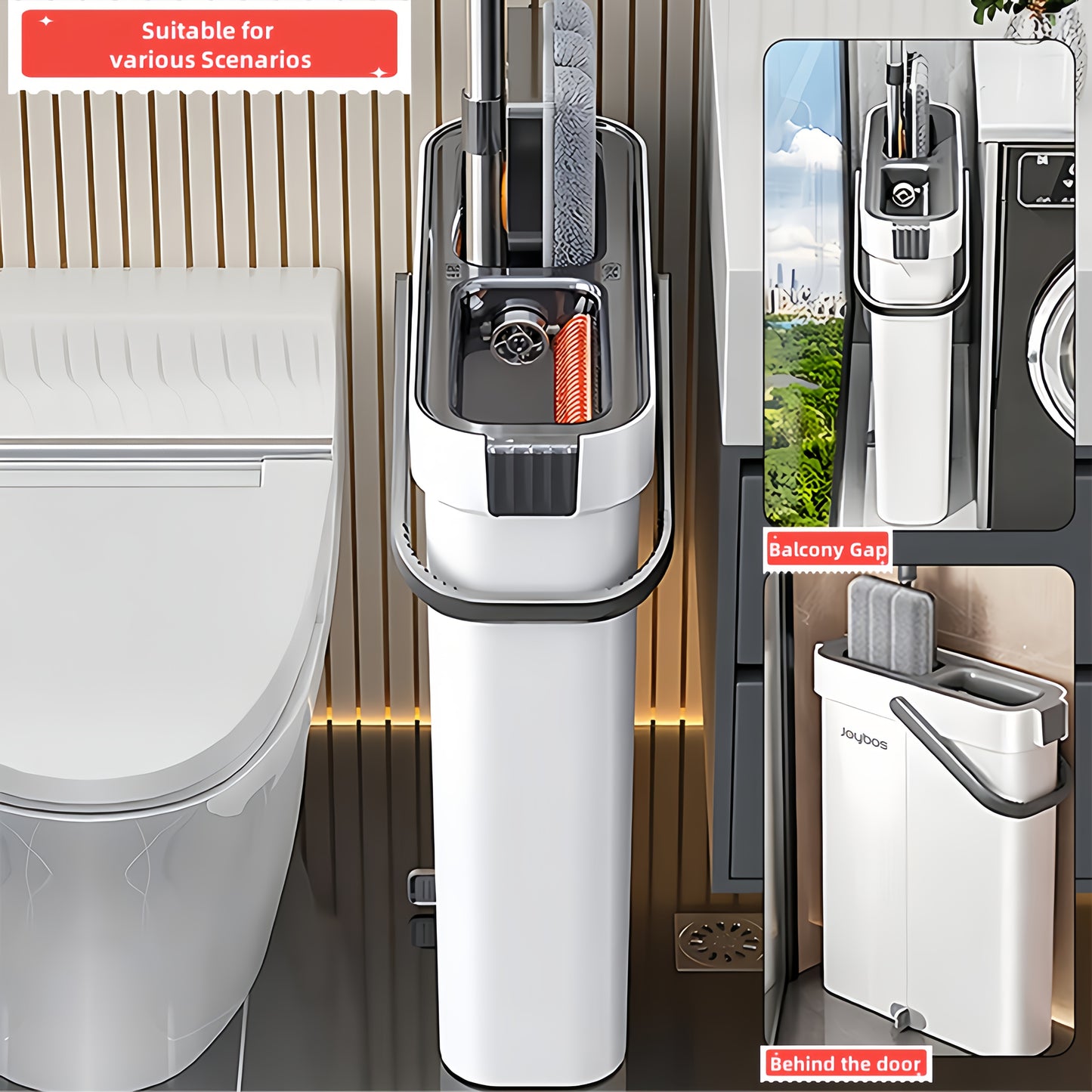 Mop And Bucket Set, Upgraded Slim Gap Storage 2-in-1 Hands-Free Mop Bucket Set, Integrated Scrubbing and Washing Design for Wooden Floors and Tiles, Space-Saving Portable Home Cleaning Tool, Comes with 2 Washable and Reusable
